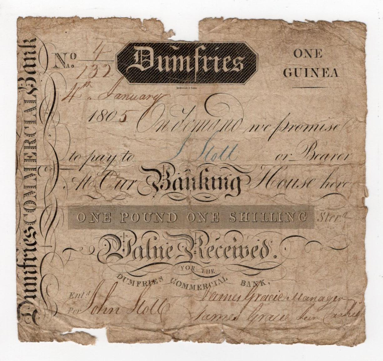 Scotland, Dumfries Commercial Bank 1 Guinea dated 4th January 1805, James Gracie & Company, serial