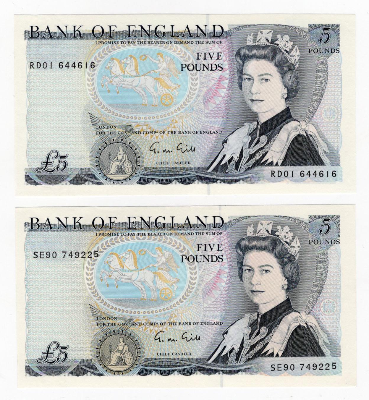 Gill 5 Pounds (B353) issued 1988 (2), FIRST RUN 'RD01' prefix and LAST RUN 'SE90' prefix , serial