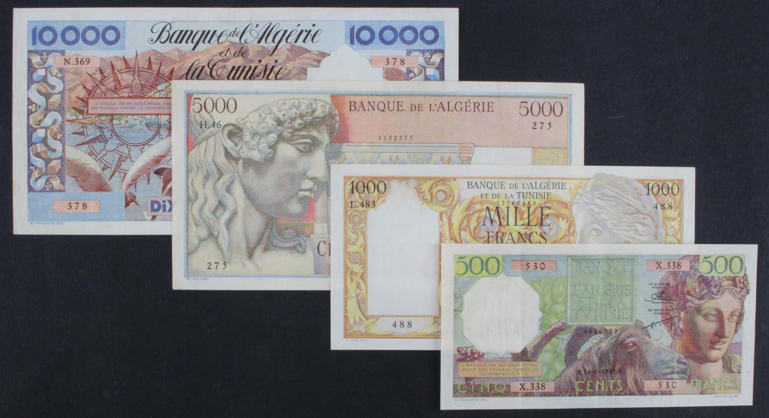 Algeria (4), 10000, 5000, 1000 and 500 Francs dated 1957, 1947, 1949 and 1952 respectively (BNB B201