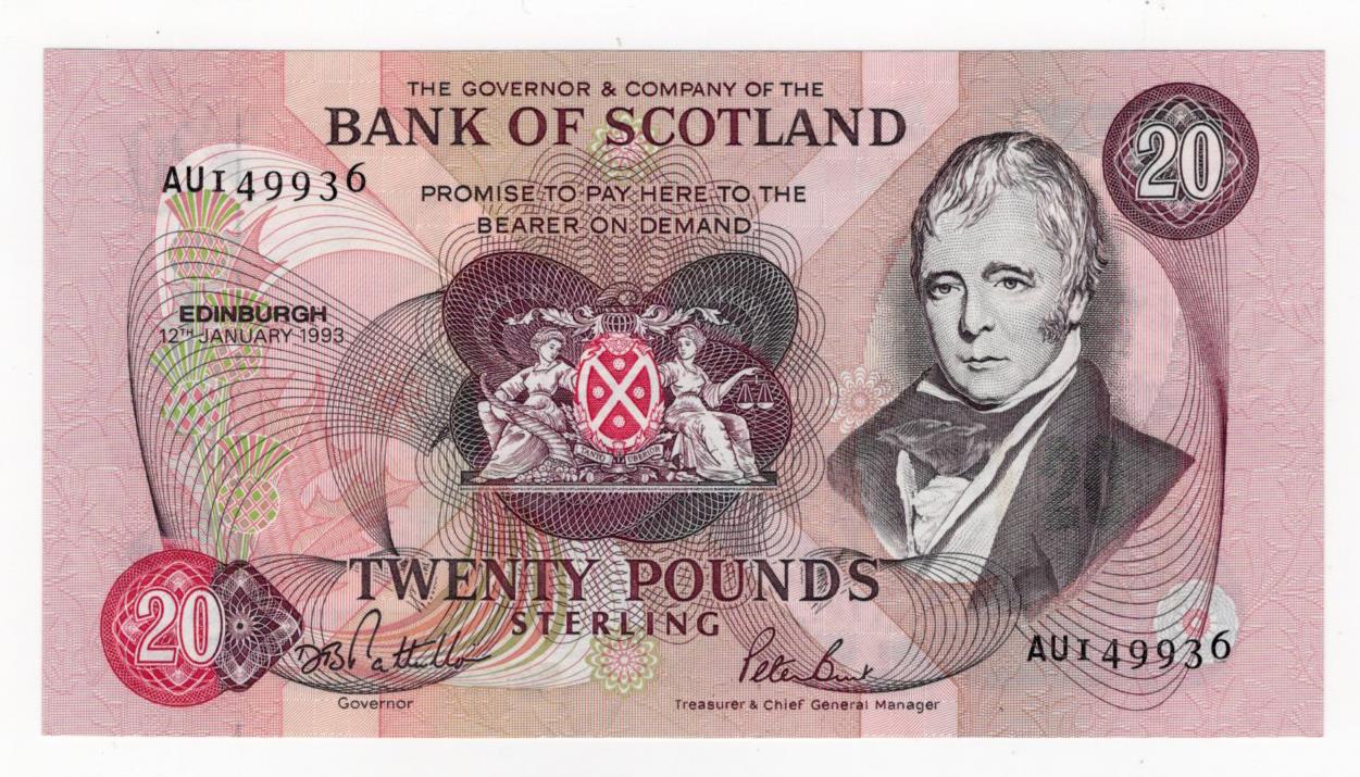 Scotland, Bank of Scotland 20 Pounds dated 12th January 1993, signed Pattullo & Burt, LAST date