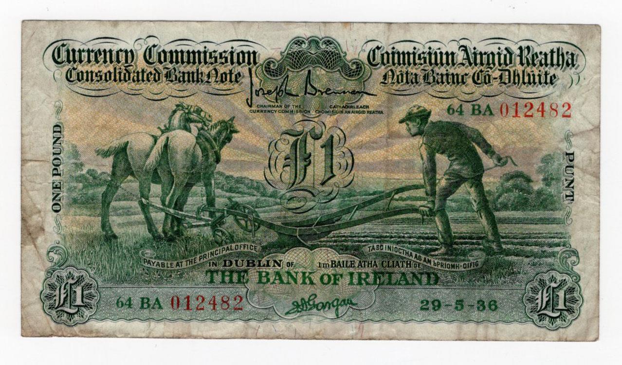 Ireland Republic 1 Pound dated 29th May 1936, The Bank of Ireland 'Ploughman' issue, serial 64BA
