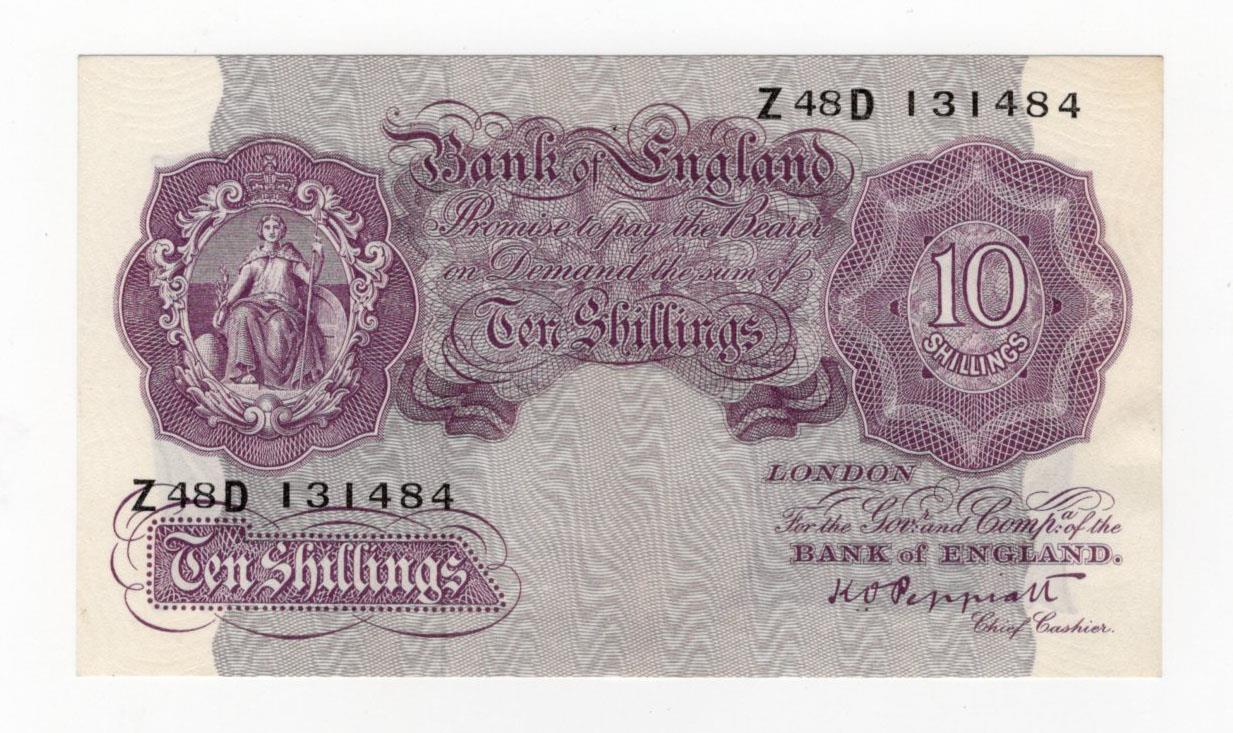 Peppiatt 10 Shillings (B251) issued 1940, mauve WW2 emergency issue, serial Z48D 131484 (B251,