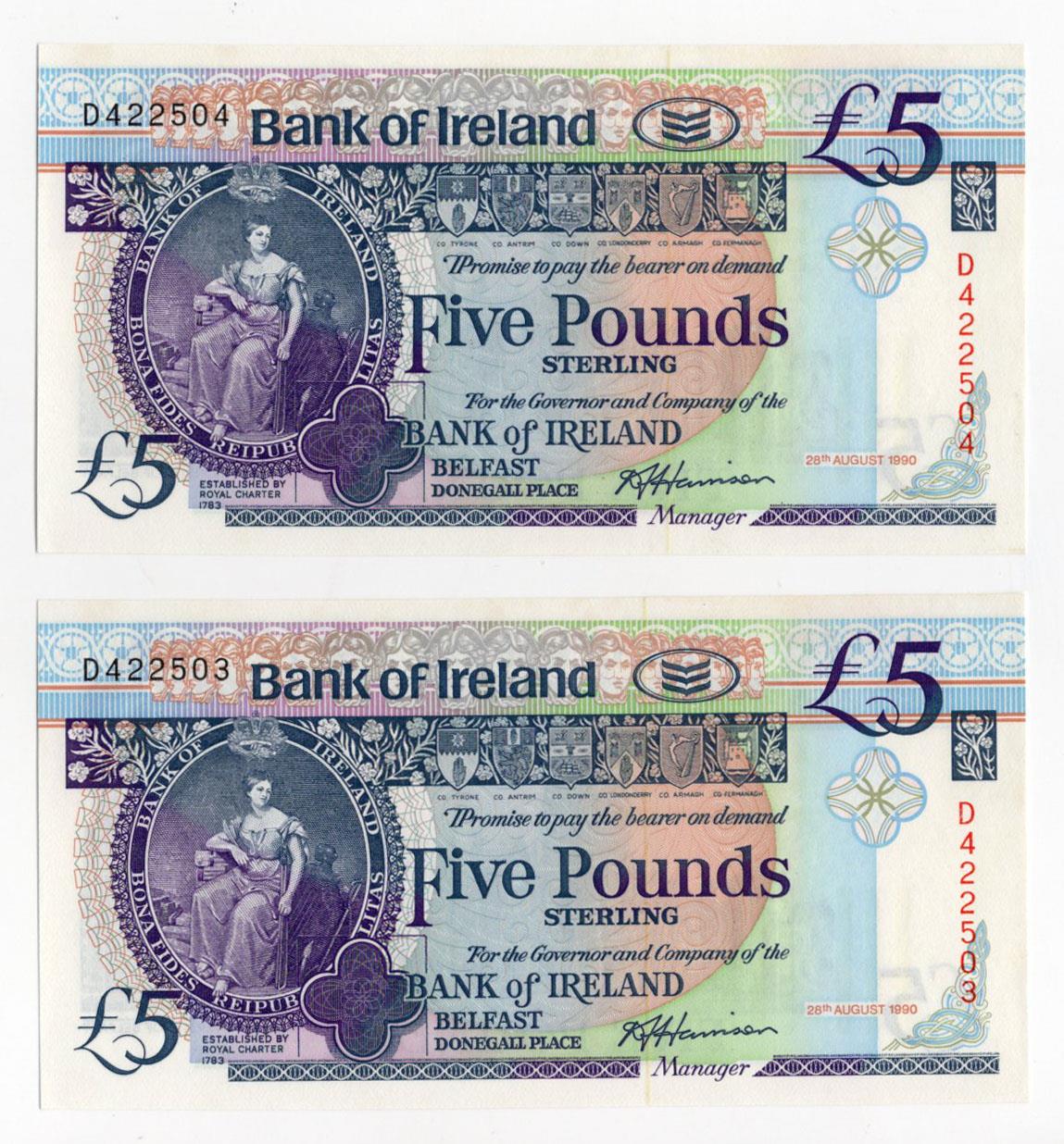 Northern Ireland, Bank of Ireland 5 Pounds (2), a consecutively numbered pair dated 28th August