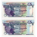 Northern Ireland, Bank of Ireland 5 Pounds (2), a consecutively numbered pair dated 28th August