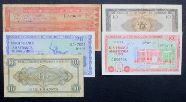 Burundi, Rwanda & Burundi (5), 10 Francs dated 1960, 1965 and 1968, 20 Francs dated 1970, 50