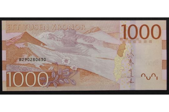 Sweden 1000 Kronor issued 2014, serial B290280630 (BNB B159a, Pick74) Uncirculated - Image 2 of 2