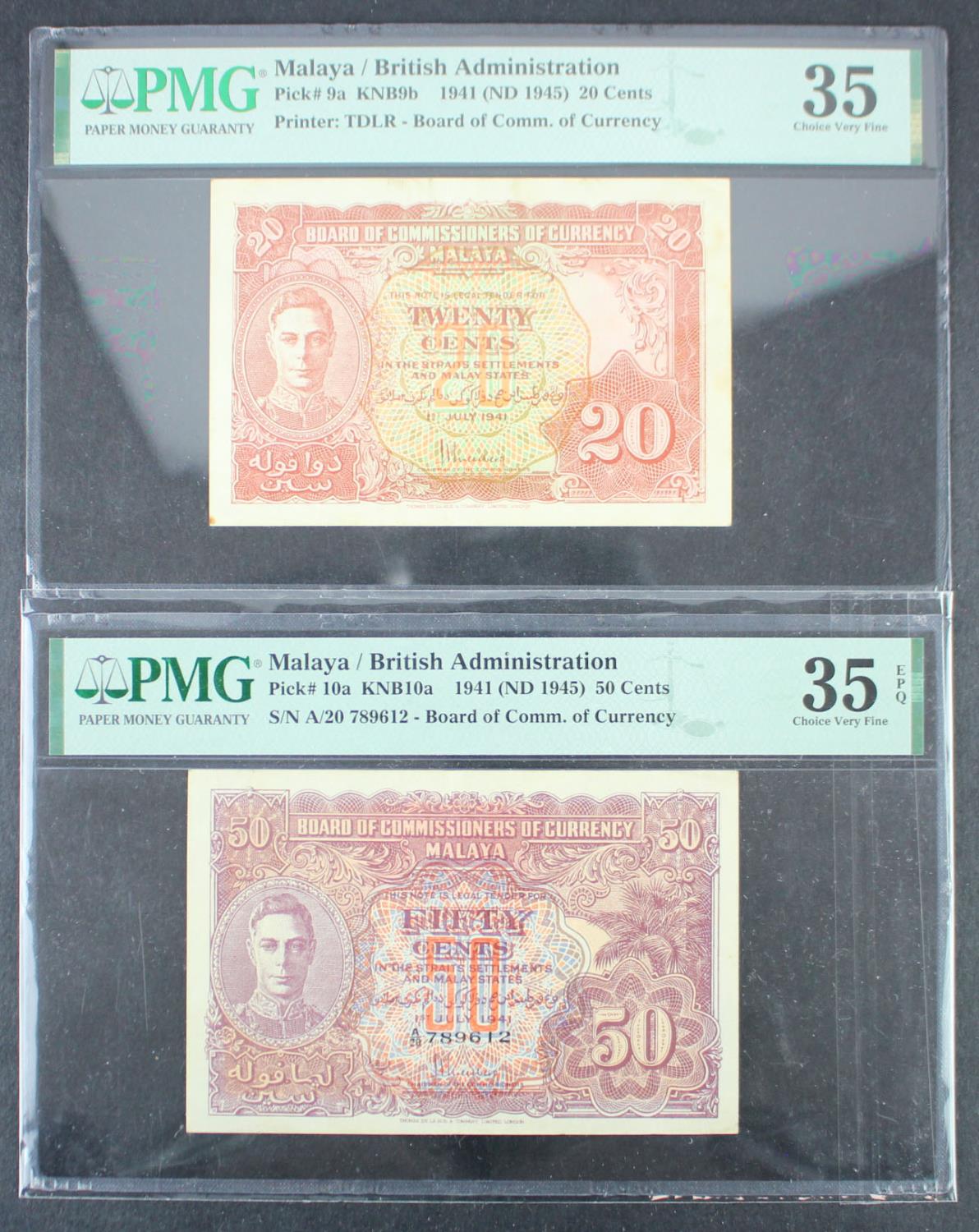 Malaya (2) 50 Cents dated 1st July 1941, serial A/20 789612 (TBB B111a, Pick10a) in PMG holder