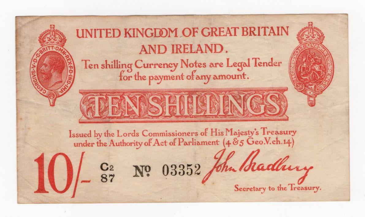 Bradbury 10 Shillings (T12.3) issued 1915, LAST RUN 'C2' prefix, 5 digit serial number C2/87