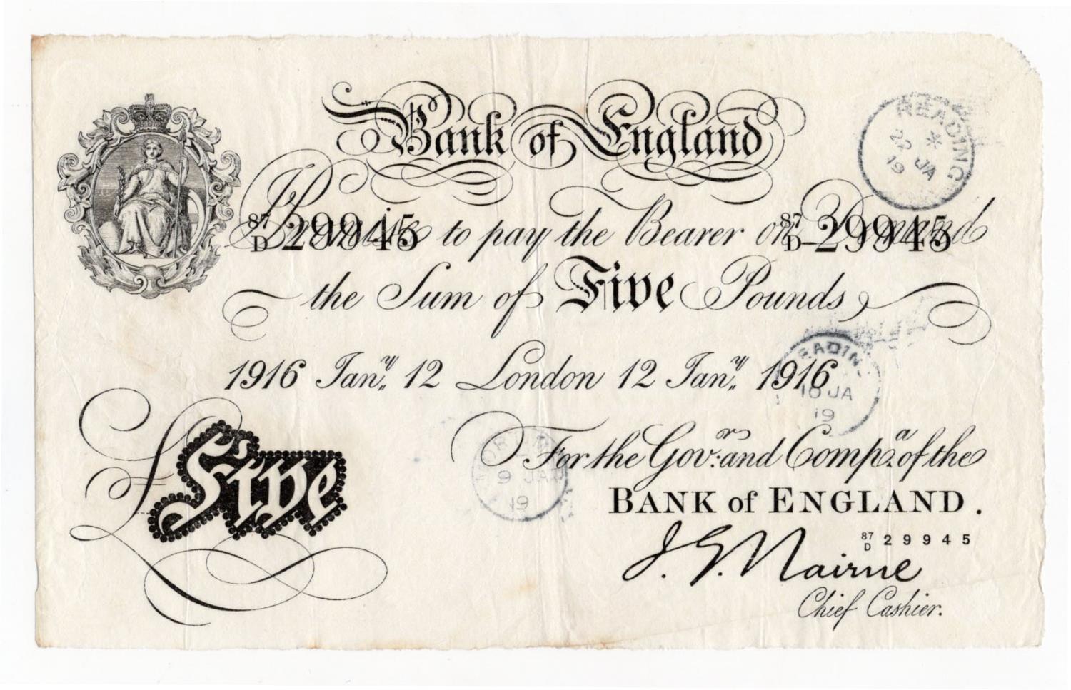 Nairne 5 Pounds dated 12th January 1916, serial 87/D 29945, London issue (B208b, Pick304) 3 bank