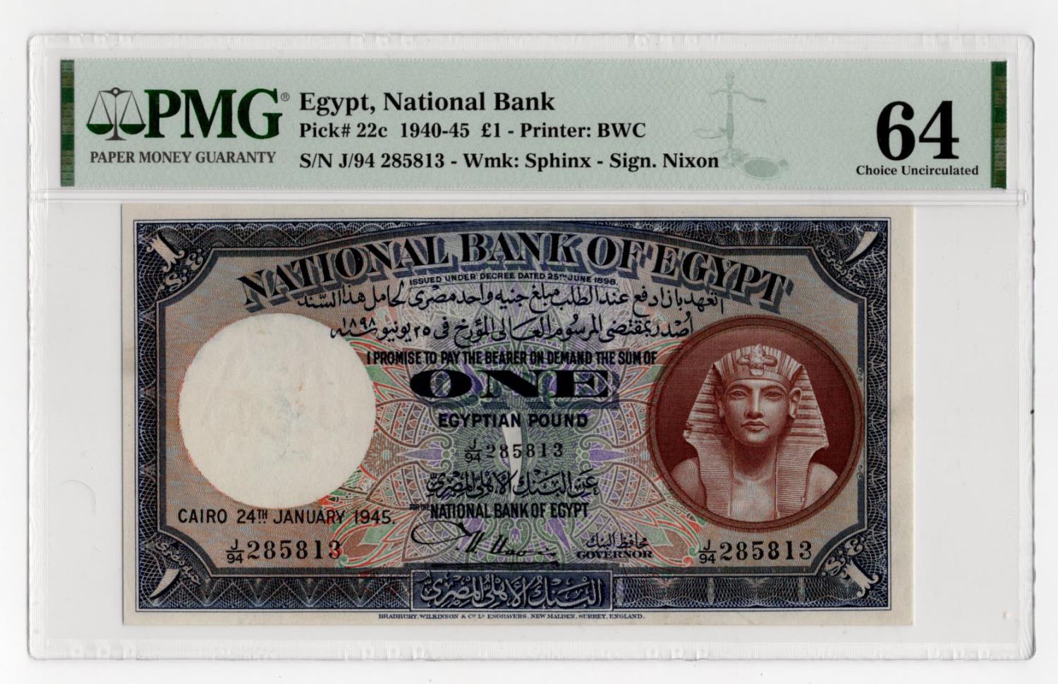 Egypt 1 Pound dated 24th January 1945, signed Nixon, serial J/94 285813 (BNB B121c, Pick22c) in
