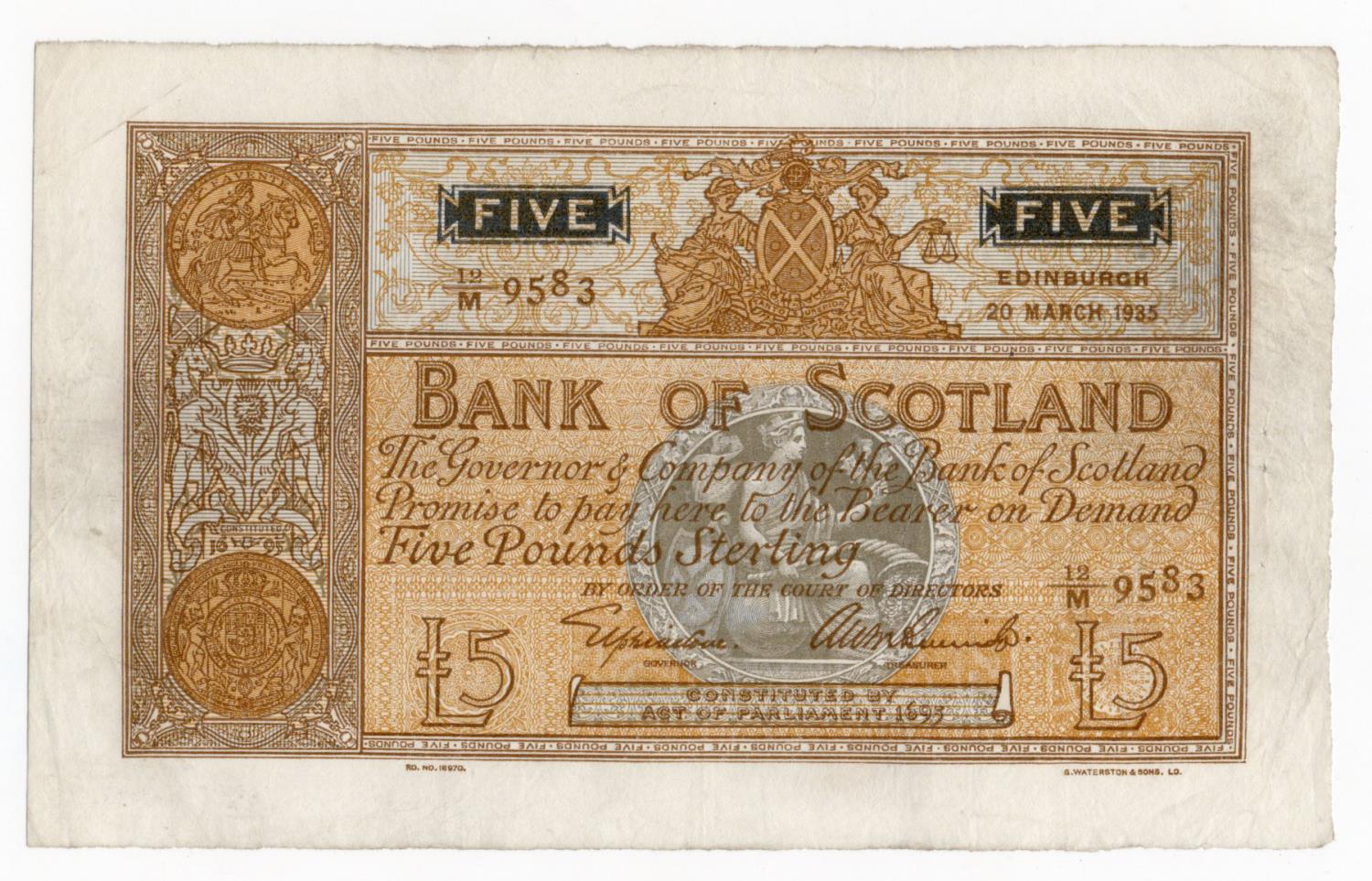 Scotland, Bank of Scotland 5 Pounds dated 20th March 1935, early date signed Lord Elphinstone & A.