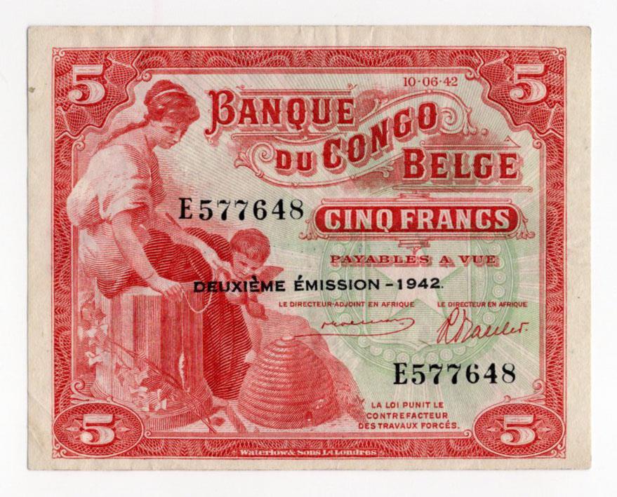 Belgian Congo 5 Francs dated 10th June 1942 with Deuxieme Emission - 1942 overprint, serial