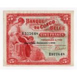 Belgian Congo 5 Francs dated 10th June 1942 with Deuxieme Emission - 1942 overprint, serial