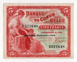 Belgian Congo 5 Francs dated 10th June 1942 with Deuxieme Emission - 1942 overprint, serial