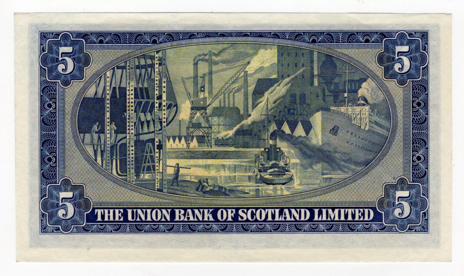 Scotland, Union Bank 5 Pounds dated 3rd November 1952, signed Morrison, serial B 770/170 (PMS UB69a, - Image 2 of 2