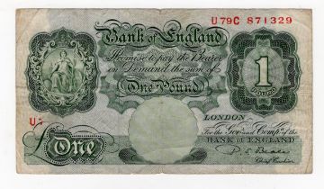 ERROR Beale 1 Pound issued 1950, a scarce Britannia error, missing most of serial number and