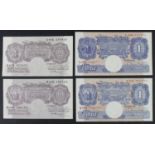 Peppiatt (4), 10 Shillings issued 1940 (2), mauve WW2 emergency issue, serial O45D 168162 & X07E