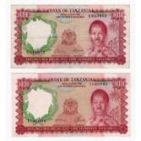 Tanzania (2), 100 Shillings issued 1966, Maasai herdsman with spear on reverse, serial C613952 (