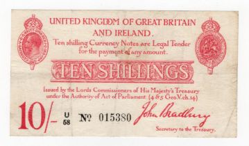 Bradbury 10 Shillings (T13.1) issued 1915, serial U/58 015380 (T13.1, Pick348a) light dirt, original