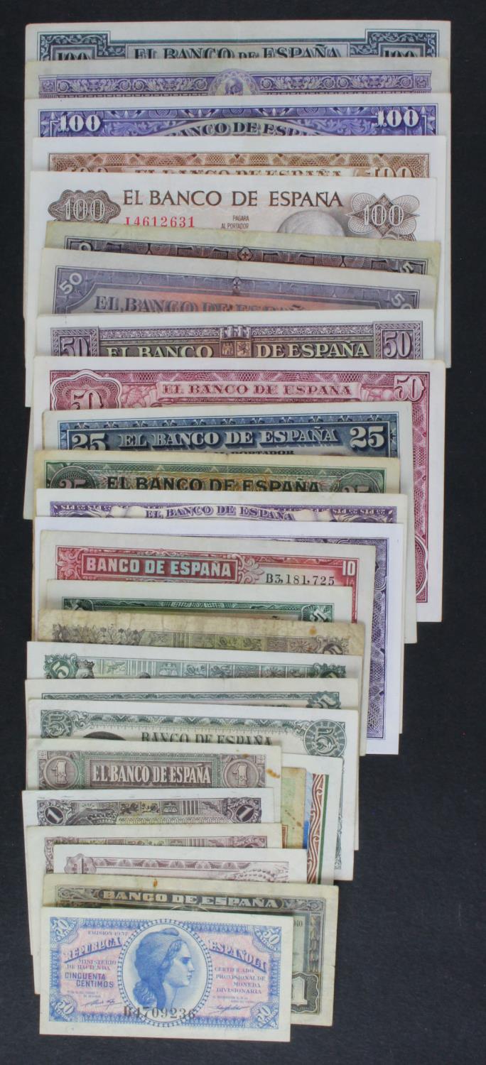 Spain (30), a collection all different, 100 Pesetas (5) 1925, 1928, 1931, 1953, 1970, 50 Pesetas (6)