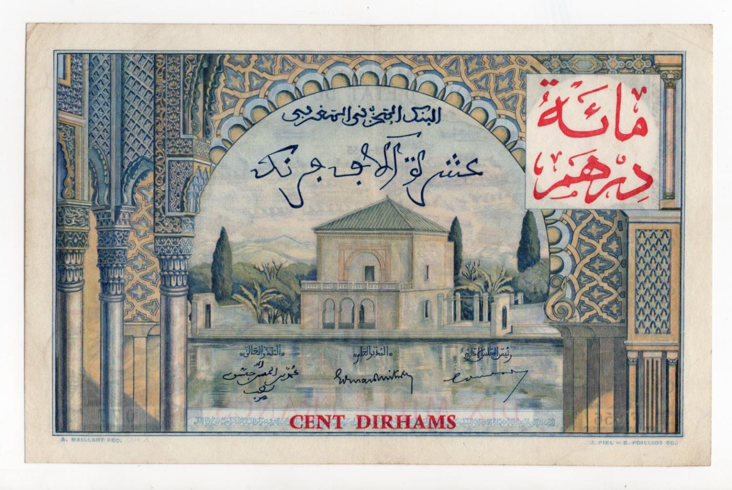 Morocco 100 Dirhams overprint on 10000 Francs dated 28th April 1955 (1959 provisional Dirham issue),