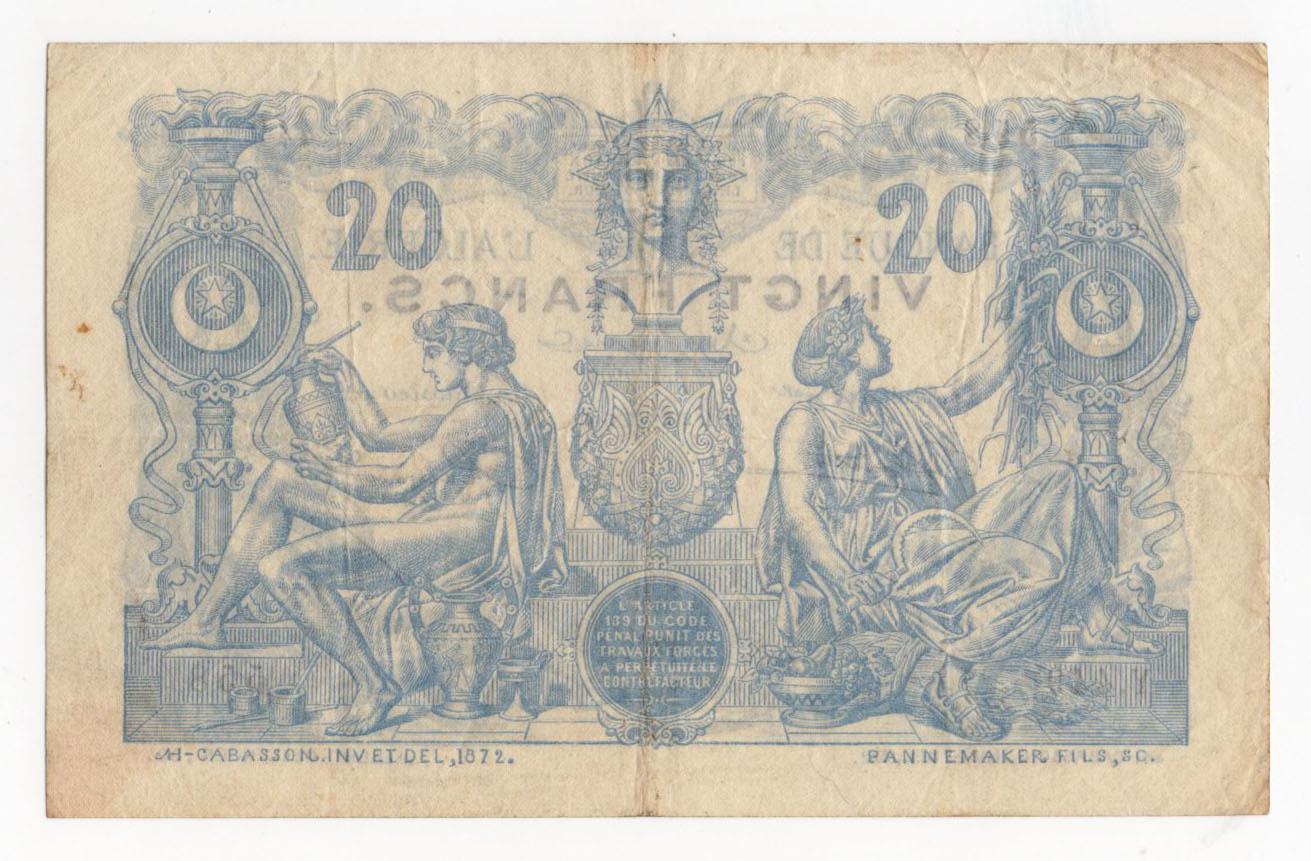 Algeria 20 Francs dated 12th August 1903, serial Y.449 558 (BNB B118a, Pick72) pinholes, original - Image 2 of 2