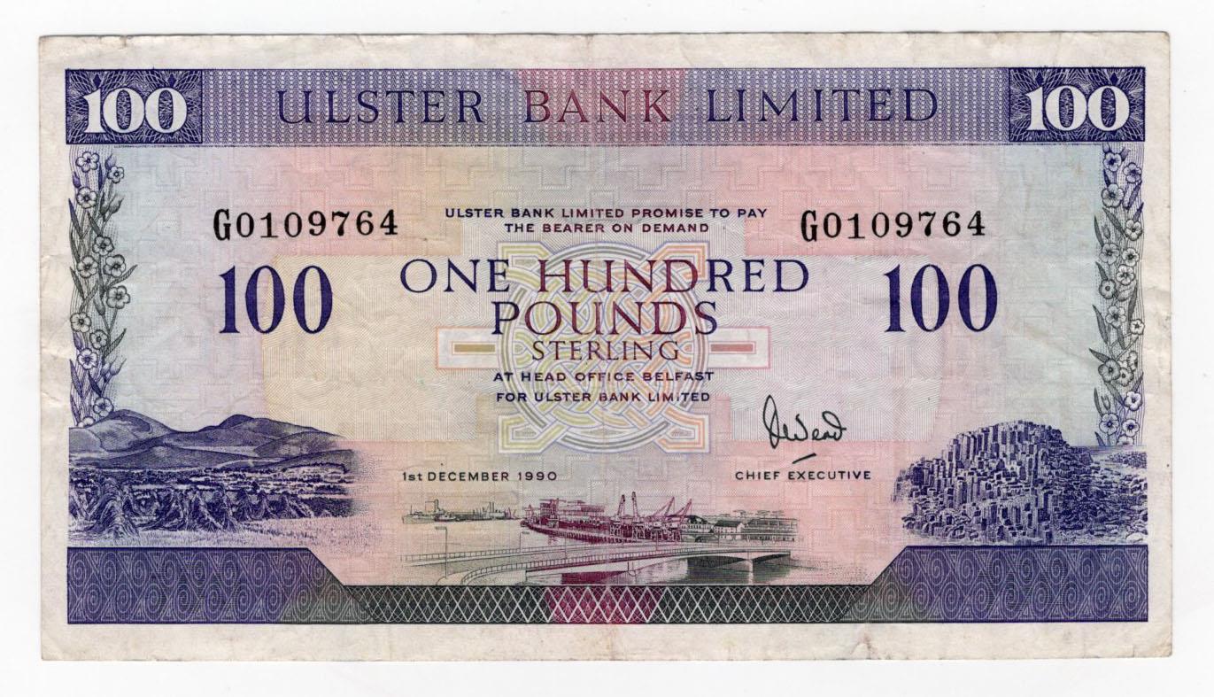 Northern Ireland, Ulster Bank Limited 100 Pounds dated 1st December 1990, signed David Went,