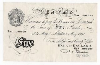 Beale 5 Pounds (B270) dated 5th May 1951, LOW number, serial U57 000699 (B270, Pick344) pressed