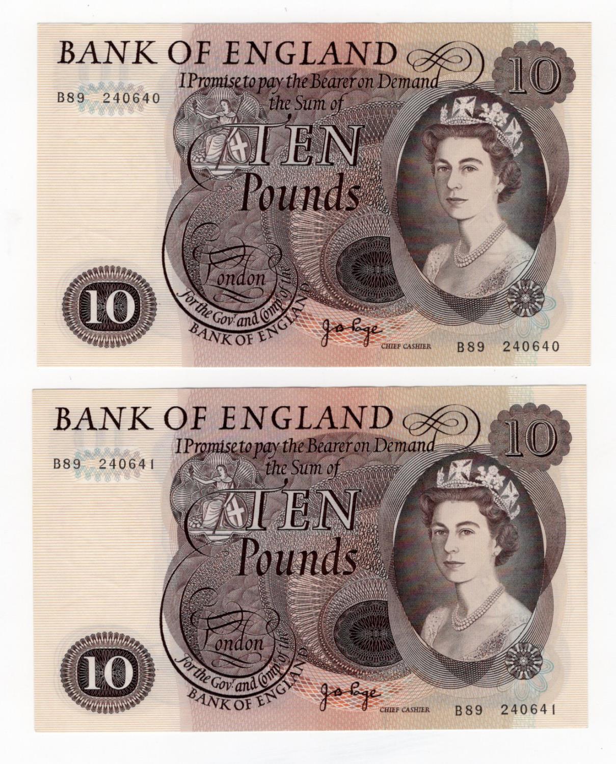 Page 10 Pounds (B326) issued 1971 (2), a pair of consecutively numbered notes serial B89 240640 &