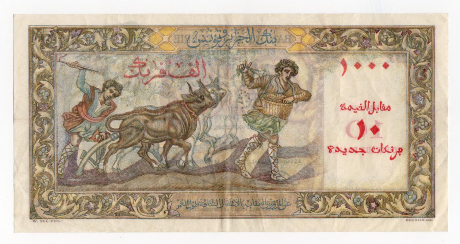 Algeria 10 Nouveaux Francs overprint on 1000 Francs dated 27th July 1958, serial O.2255 282 (BNB - Image 2 of 2