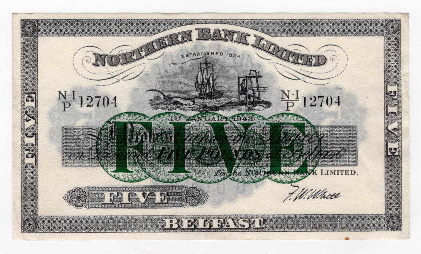 Northern Ireland, Northern Bank Limited 5 Pounds dated 1st January 1943, signed F.W. White, serial