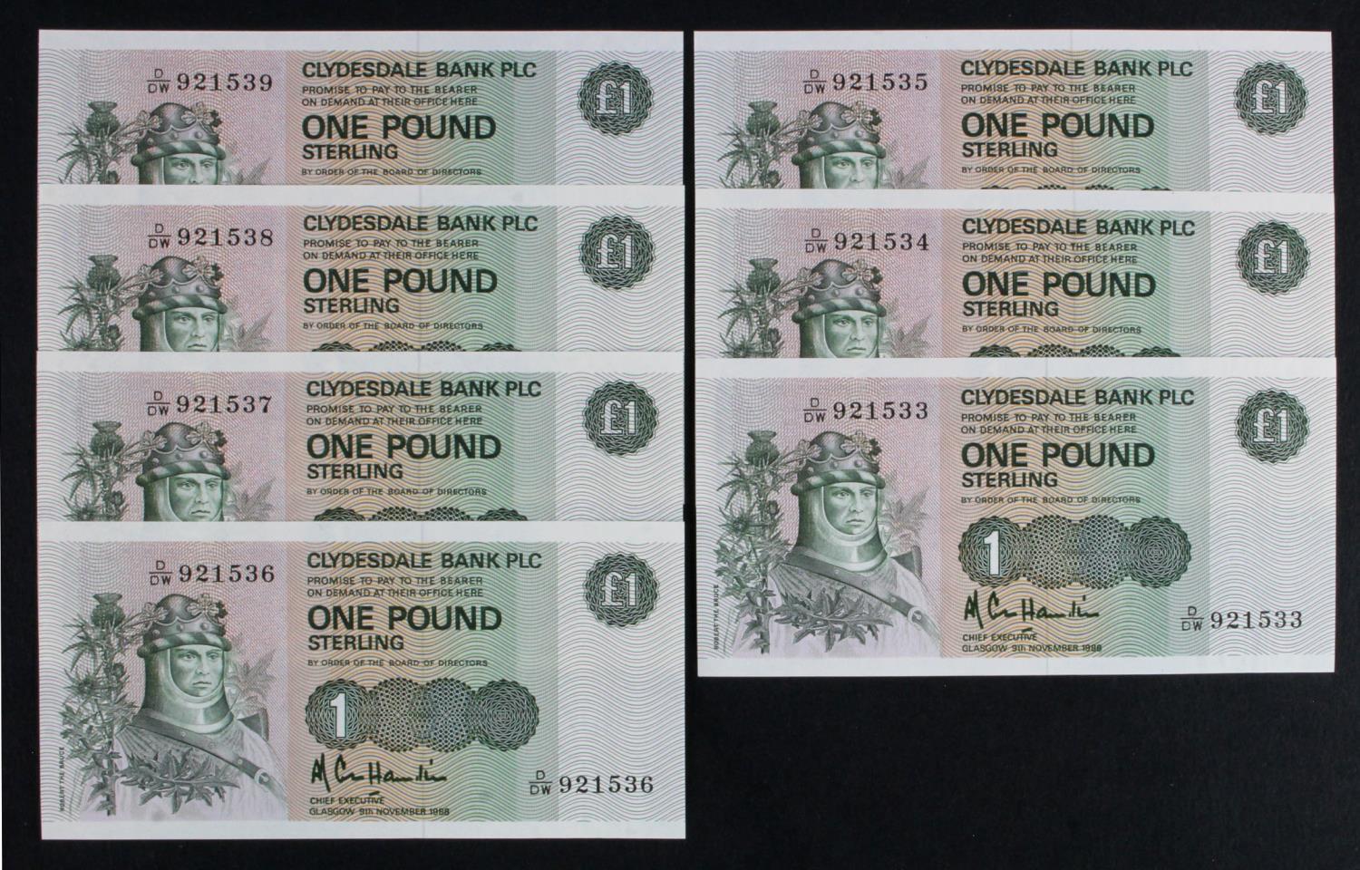 Scotland, Clydesdale Bank 1 Pound (7) dated 9th November 1988, a consecutively numbered run of