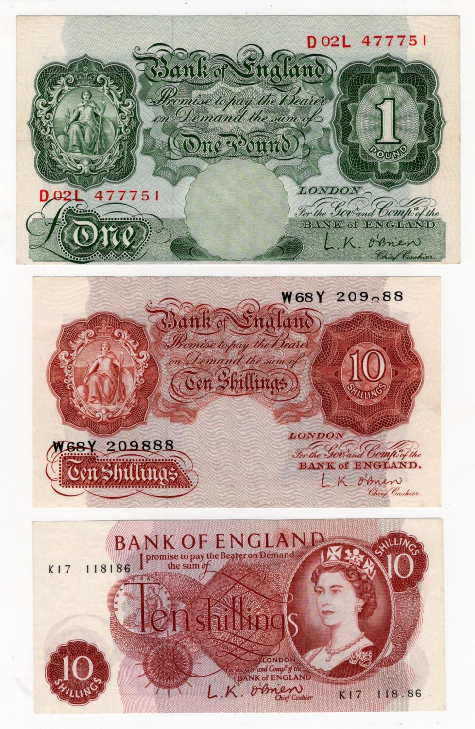 ERROR O'Brien (3), a group of error notes, 1 Pound issued 1955, vertical miscut design at bottom,