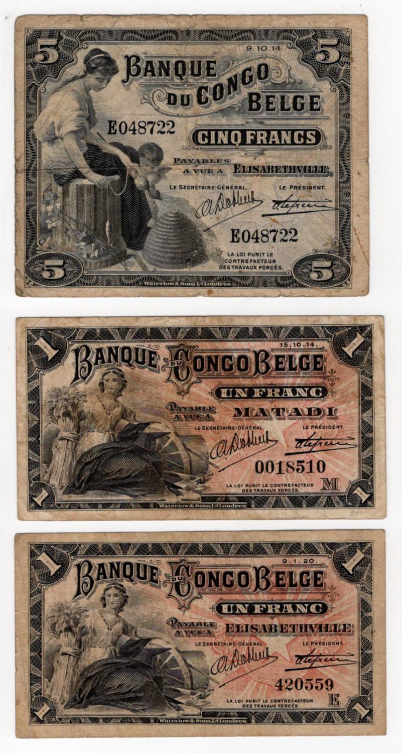 Belgian Congo (3), 1 Franc Matadi dated 15th October 1914, 1 Franc Elisabethville dated 9th