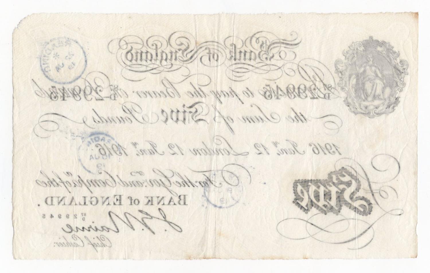 Nairne 5 Pounds dated 12th January 1916, serial 87/D 29945, London issue (B208b, Pick304) 3 bank - Image 2 of 2