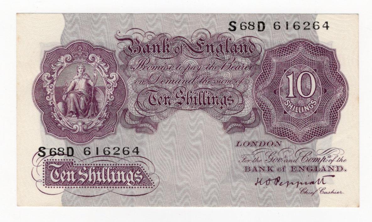 Peppiatt 10 Shillings (B251) issued 1940, mauve WW2 emergency issue, serial S68D 616264 (B251,