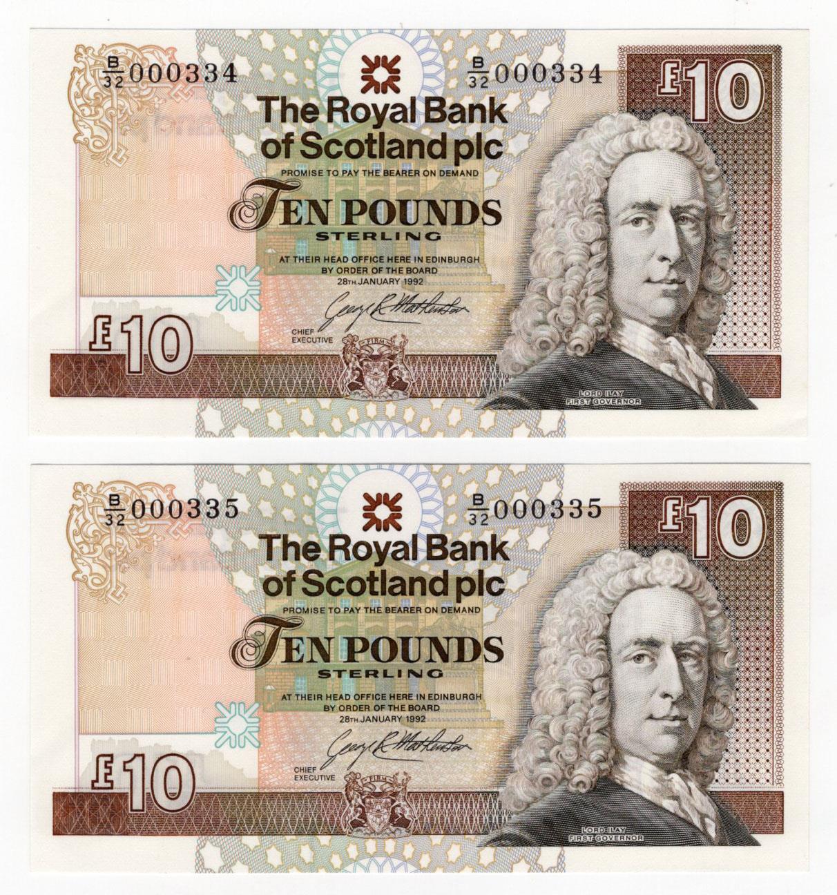 Scotland, Royal Bank of Scotland 10 Pounds (2) dated 28th January 1992, signed G.R. Mathewson, a