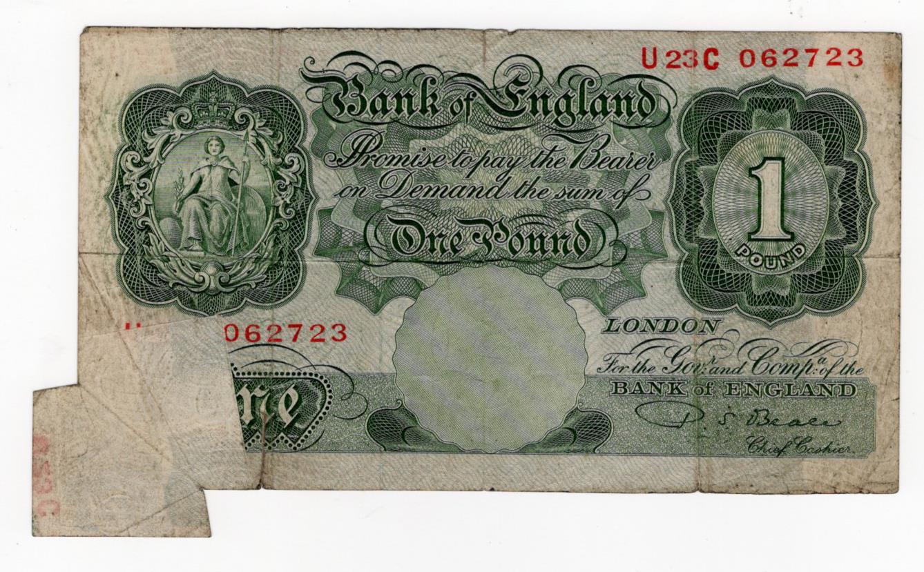 ERROR Beale 1 Pound issued 1950, a scarce Britannia error, extra paper FISHTAIL at bottom left
