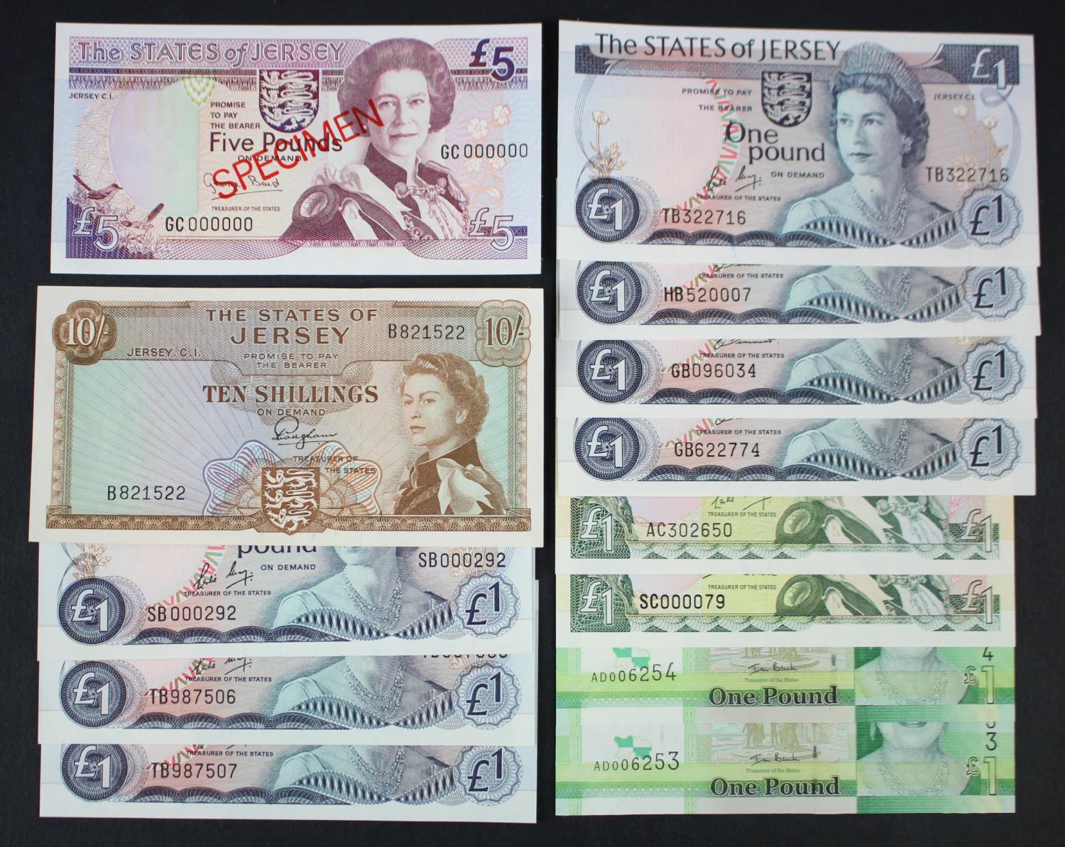 Jersey (12), 10 Shillings issued 1963 signed Padgham, 5 Pounds SPECIMEN 1993 signed Baird, 1 Pound