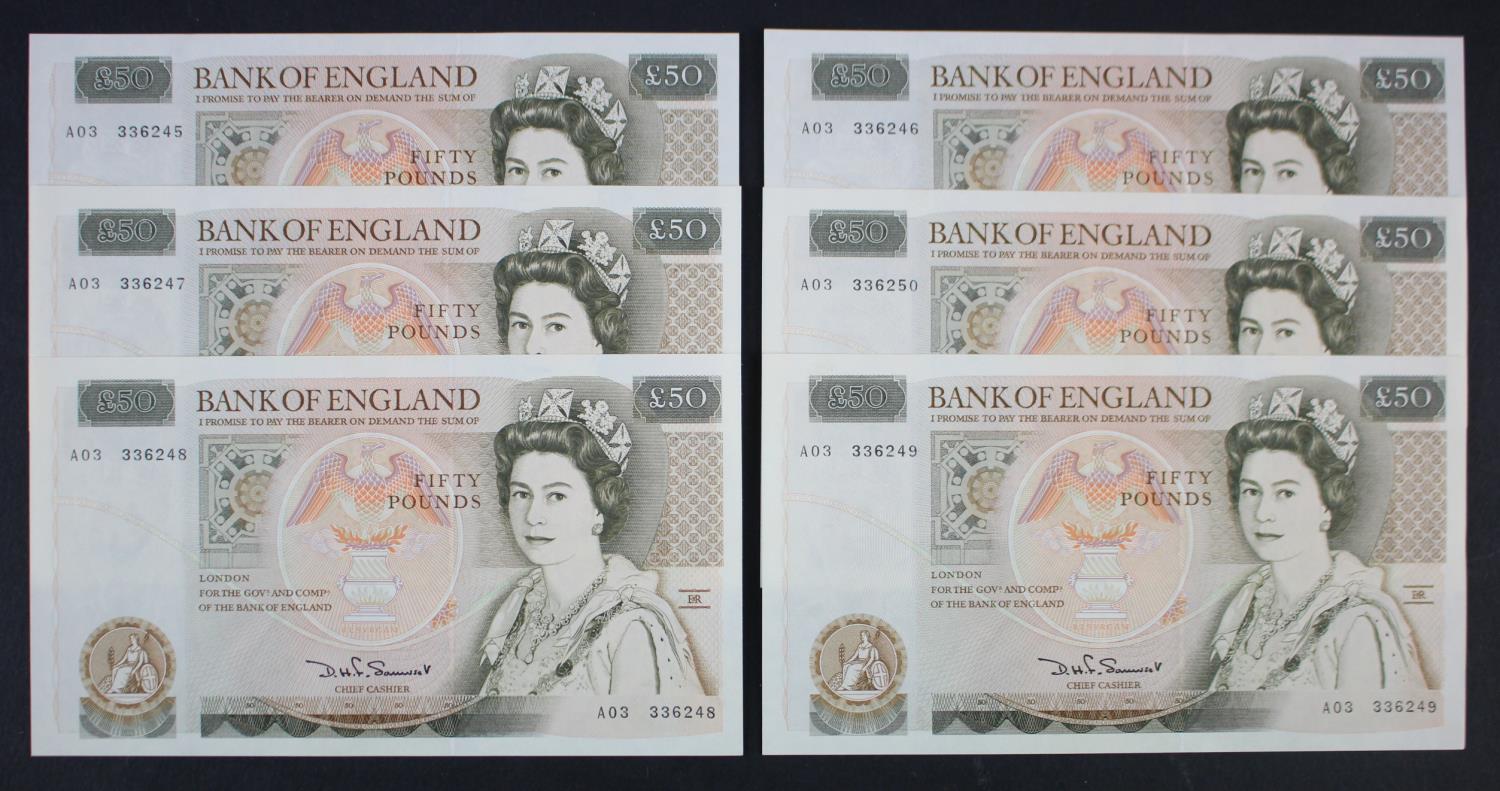 Somerset 50 Pounds (B352) issued 1981 (6), a consecutively numbered run of 'A' PREFIX notes,