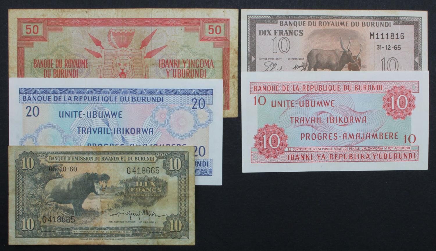 Burundi, Rwanda & Burundi (5), 10 Francs dated 1960, 1965 and 1968, 20 Francs dated 1970, 50 - Image 2 of 2
