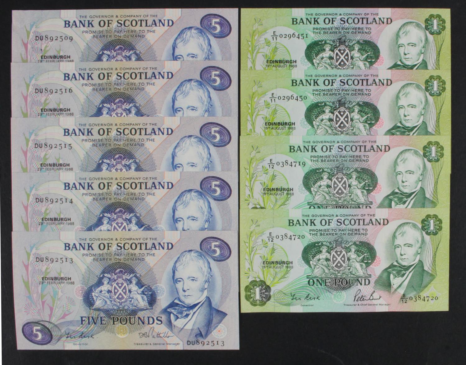 Scotland, Bank of Scotland (9), groups of consecutive numbers plus one others, 5 Pounds (5) dated