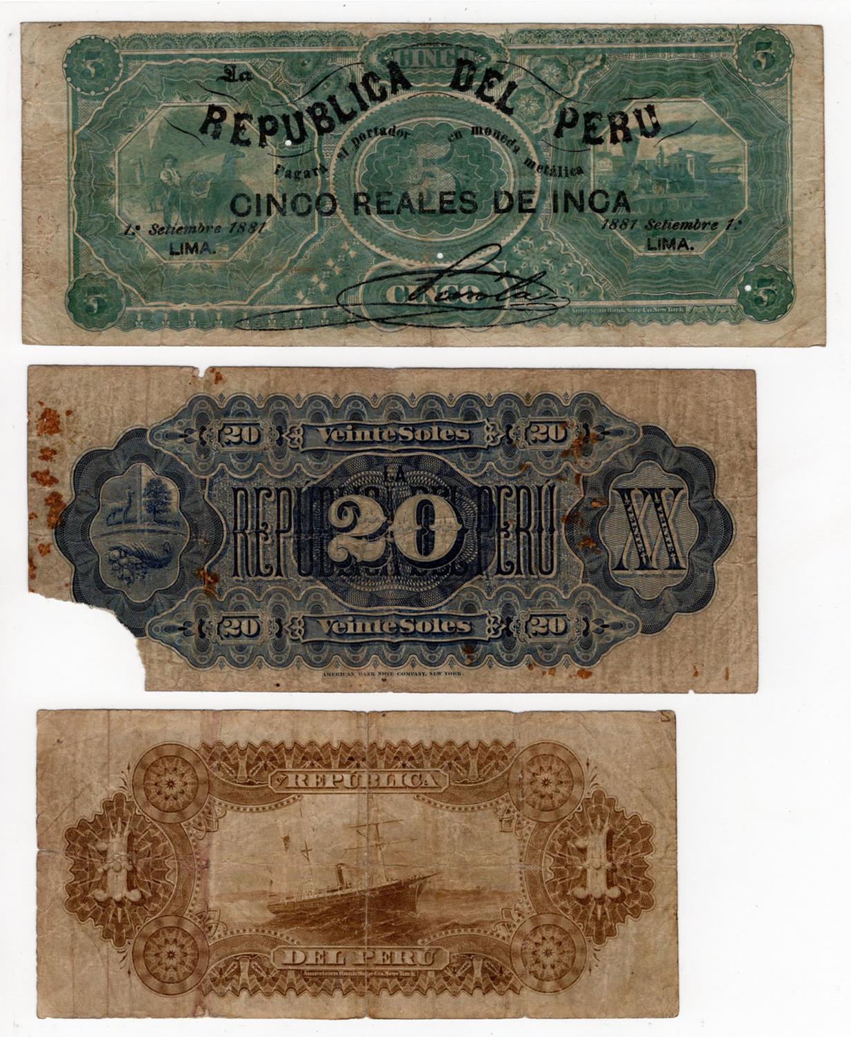 Peru (3), 5 Reales de Inca overprint on 5 Soles dated 1881 (original date 1873) serial 25614 plate C - Image 2 of 2