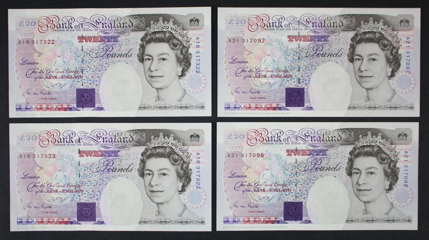 Gill 20 Pounds (B358) issued 1991 (4), 2 consecutively numbered pairs of FIRST SERIES notes,