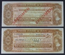 Thomas Cook & Son Bankers Limited (2), very rare early 5 Pounds Travellers Cheque issued but