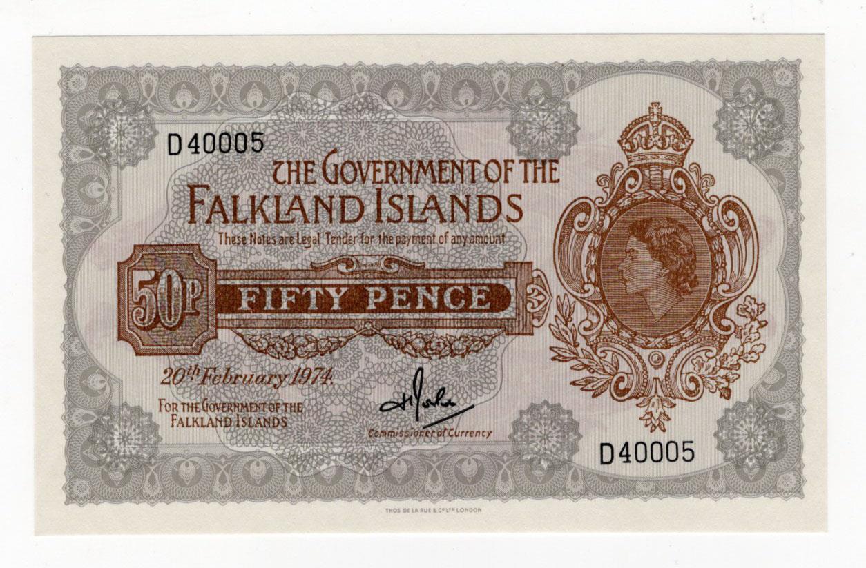 Falkland Islands 50 Pence dated 20th February 1974, serial D40005 (BNB B215b, Pick10b) Uncirculated