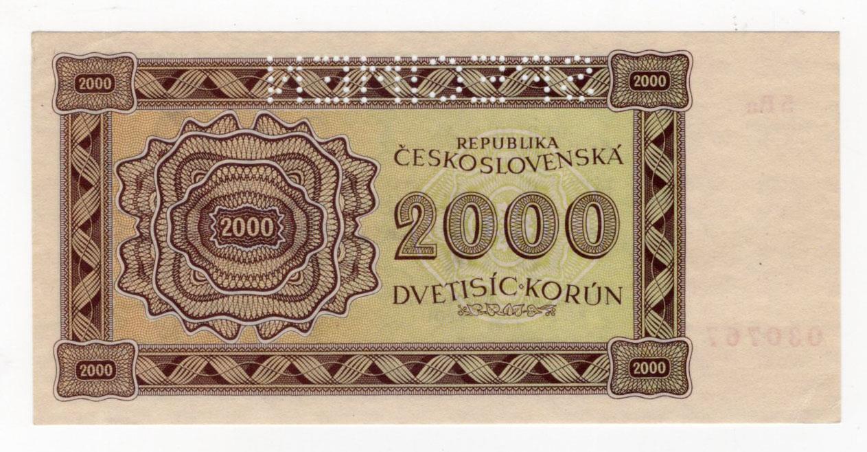 Czechoslovakia 2000 Korun dated 1945, SPECIMEN note serial 5Ra 030767, perforated 'SPECIMEN' (BNB - Image 2 of 2