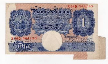 ERROR Peppiatt 1 Pound issued 1940, rare WW2 emergency issue error, extra paper FISHTAIL at bottom
