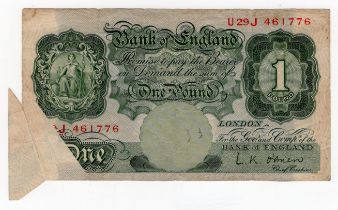 ERROR O'Brien 1 Pound issued 1955, extra paper FISHTAIL at bottom left corner showing the front