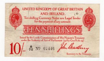 Bradbury 10 Shillings (T12.1) issued 1915, FIRST PREFIX of issue, 5 digit serial number A/78